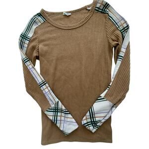 BiBi Womens Brown Waffle Knit Fall Print Long Sleeve Size Medium